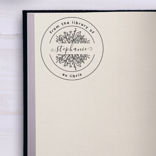 Carimbo Auto Entintado Botânica Rústica | Da Biblioteca | Livro Personali (Whimsical Handwritten Name Rustic Wildflowers Round Ex Libris From The Library Of Book Stamp)