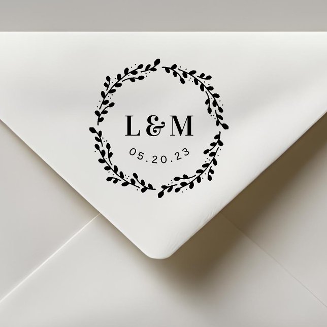 Carimbo Auto Entintado Botânica Wreath Monograma Casamento Salvar a Data (Criador carregado)