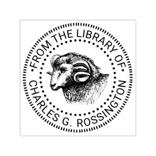Carimbo Auto Entintado Cabeça de Carneiro Rústica Face Biblioteca Nome do