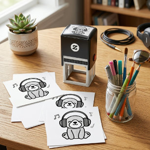 Carimbo Auto Entintado Cachorro Filhote Kawaii Sorridente com Fones de Ou