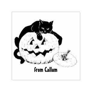 Carimbo Auto Entintado CALLUM ~ HALLOWEEN ~ Vintage Cat Pumpkin desenho ~