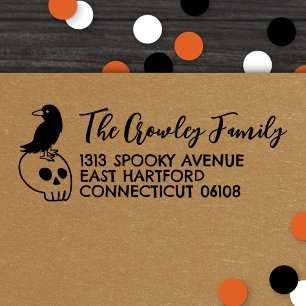 Carimbo Auto Entintado Cartoon Skull & Raven Halloween Endereço de Retorn
