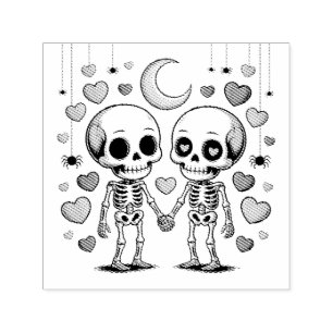 Carimbo Auto Entintado Casal de Esqueletos Fofos: Gráfico de Amor Assusta