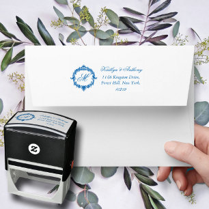Carimbo Auto Entintado Casamento Elegante com Monograma em Toile Azul Vin