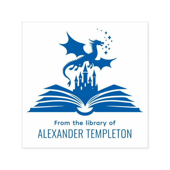 Carimbo Auto Entintado Castelo do Livro Dragão "Da Biblioteca de" Nome SQ (Design)