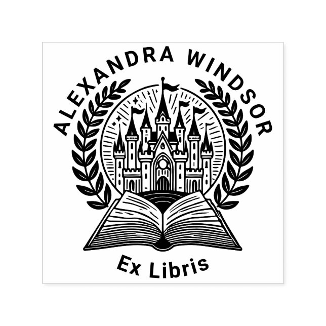 Carimbo Auto Entintado Castle, Book Wreath Frame Ex Libris Name (Design)