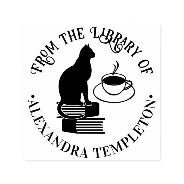 Carimbo Auto Entintado Cat Sentado em Livros, Nome do Livro da Biblioteca (Design)