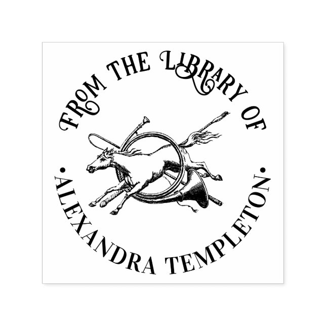 Carimbo Auto Entintado Cavalo Pulando Através do Livro da Biblioteca Horn (Design)