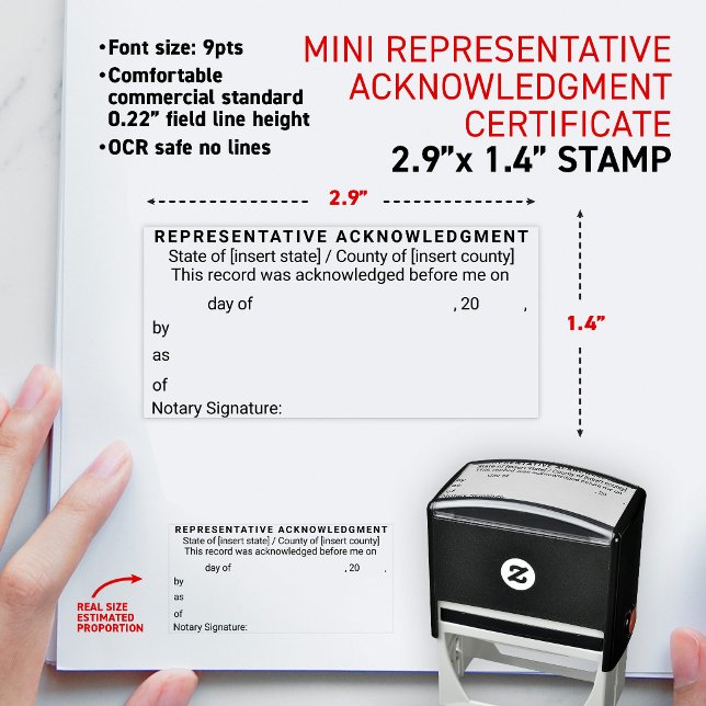 Carimbo Auto Entintado Certificado de Reconhecimento de Representante Not (Short form universal notary acknowledgment in a representative capacity mini self-inking stamp)
