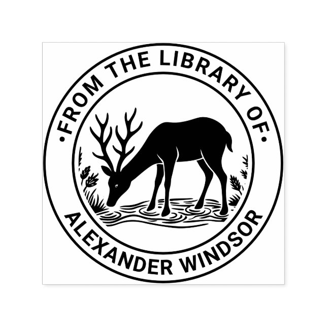 Carimbo Auto Entintado Cervo Rústico Bebendo Água Nome do Livro da Biblio (Design)