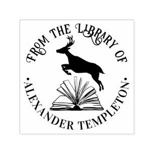 Carimbo Auto Entintado Cervo Saltando Sobre o Nome da Biblioteca Livro Ab