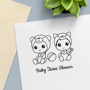 Carimbo Auto Entintado Chá de Bebê Gêmeos Urso Gato Neutro