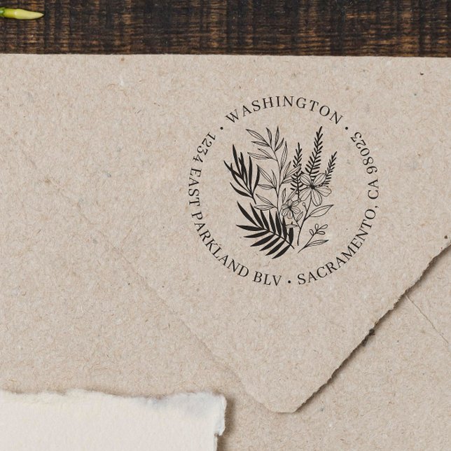 Carimbo Auto Entintado Chic Greenery Floral Round Family Endereço de devo (Rubber Stamp Mock-up)