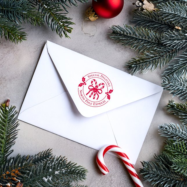 Carimbo Auto Entintado Christmas Candy Cane Wood Art Stamp (Red candy cane stamp on white envelope)