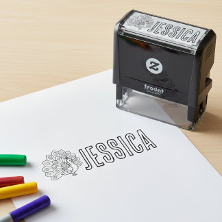 Carimbo Auto Entintado Coloring Book Peacock and Name Stamp