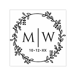 Carimbo Auto Entintado Coroa de Flores Botânica com Monograma de Casament