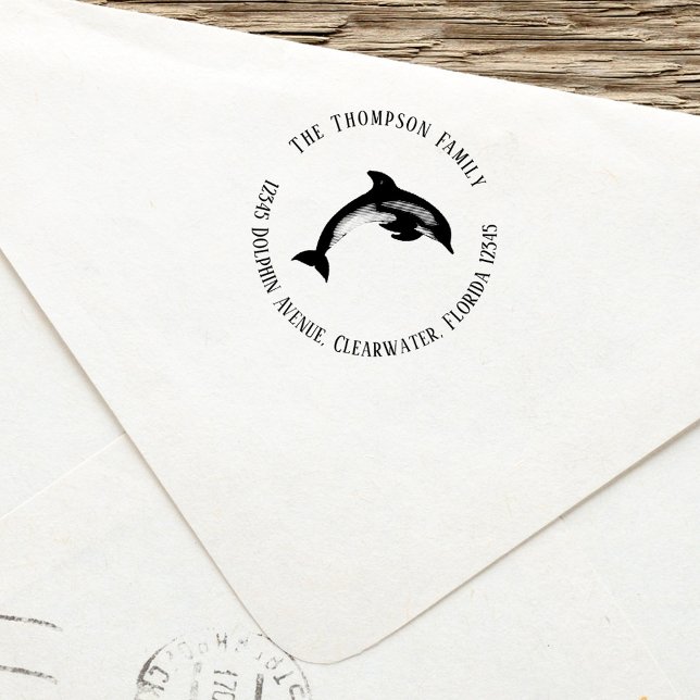 Carimbo Auto Entintado Costura de Endereço de Retorno Personalizado (Ocean dolphin theme return address stamp. )