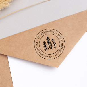 Carimbo Auto Entintado Country Hand-drawn Pine Trees Round Return Address