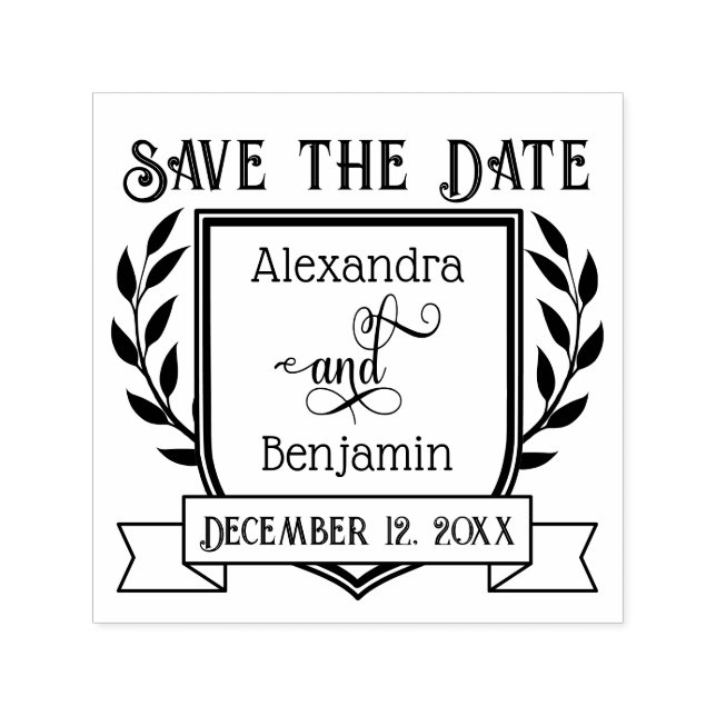 Carimbo Auto Entintado Couple Crest Ribbon Botanical Save the Date #2 (Design)