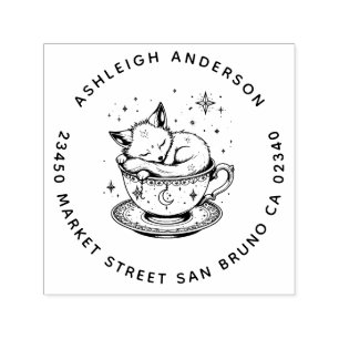 Carimbo Auto Entintado Cozy Baby Fox Snugged Teacup Moon Stars Endereço