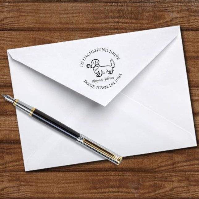 Carimbo Auto Entintado Cream Long Dachshund Cartoon Return Endereço (Cream Long Haired Dachshund Cartoon Return Address Self-inking Stamp for Doxie Owners.  Cartoon.)
