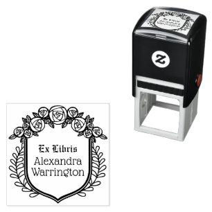 Carimbo Auto Entintado Crista de Rosas e Folhas Ex Libris Nome do Livro B