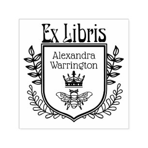 Carimbo Auto Entintado Cumeeira Botânica Abelha com Coroa Ex Libris Nome 