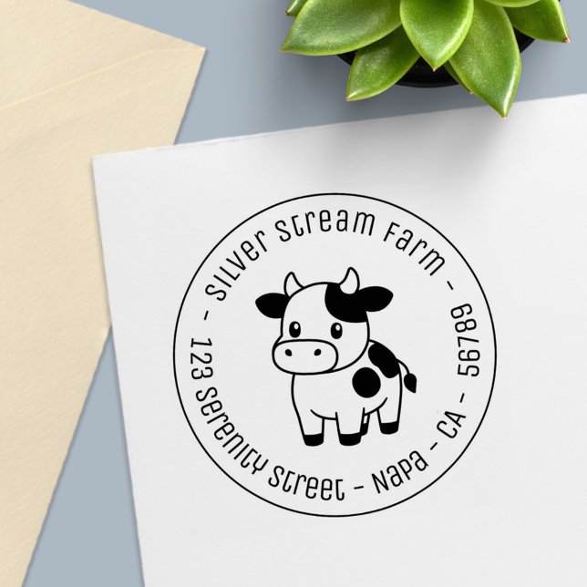 Carimbo Auto Entintado Cute Cow Round Business Address (Criador carregado)