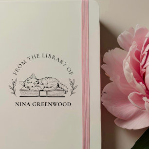 Carimbo Auto Entintado Da Biblioteca de Cat on Book & Elegant Leaves