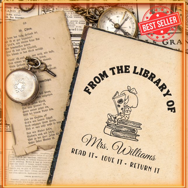 Carimbo Auto Entintado Da Biblioteca De | Garota Bonita Lê Livro de Profe (Criador carregado)