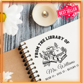 Carimbo Auto Entintado Da Biblioteca De | Livro Moderno Botânico Fofo