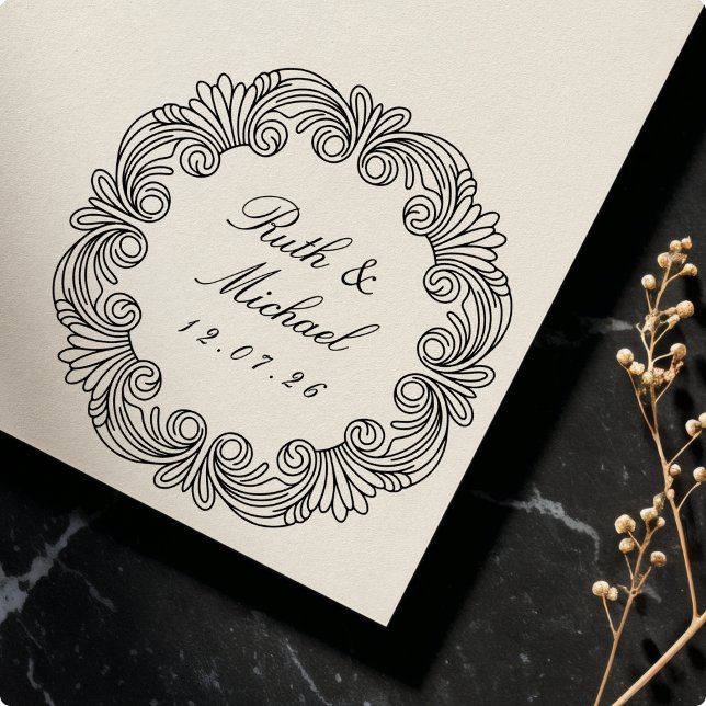 Carimbo Auto Entintado Data e Nomes de Casamento de Rolagem Barroca Elega (Criador carregado)