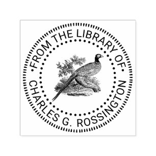 Carimbo Auto Entintado Desenho de Faisão Antigo Nome do Livro da Bibliote