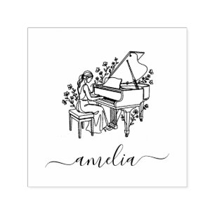 Carimbo Auto Entintado Desenho de Linha de Pianista Feminina Personalizad