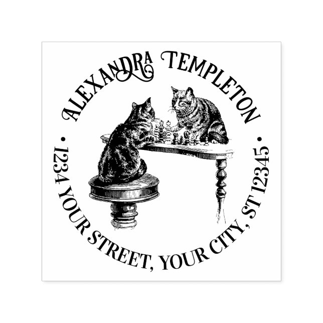 Carimbo Auto Entintado Dois gatos jogando Chess Match Name Endereço de de (Design)