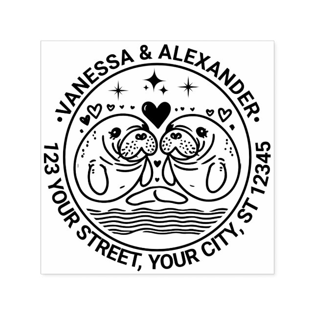 Carimbo Auto Entintado Dois Manatins no Nome do Casal do Amor Endereço de (Design)