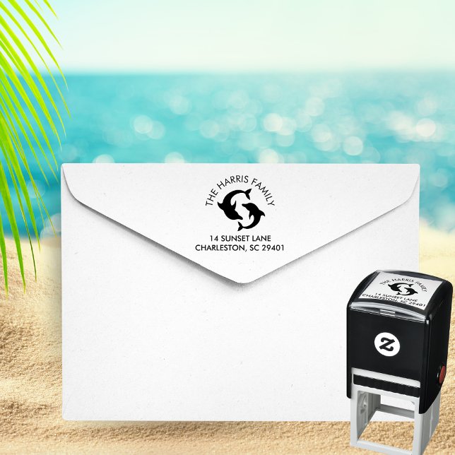 Carimbo Auto Entintado Dolphins Silhouette Family Name Endereço de devolu (Dolphins silhouette family address stamp)