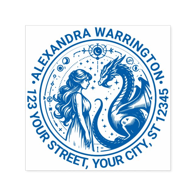 Carimbo Auto Entintado Dragão Místico e Nome da Princesa Endereço de Devo (Design)