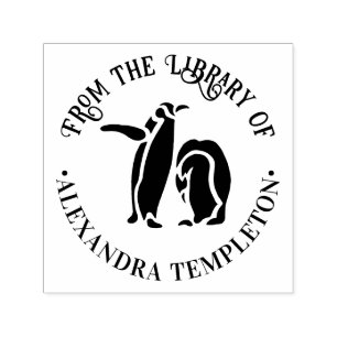 Carimbo Auto Entintado Duas Silhuetas de Pinguins “Da Biblioteca de” Nome