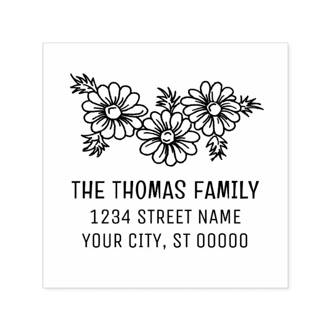 Carimbo Auto Entintado Elegant 3 Daisies Floral Name Address (Design)