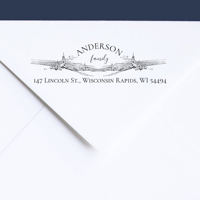 Carimbo Auto Entintado Elegante Rústico De Pinos De Nieve Dirección De Re (Winter Snowy Landscape with Pine Trees Elegant Family Return Address Stamp)