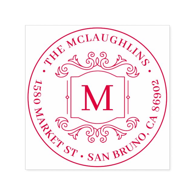 Carimbo Auto Entintado Endereço de devolução clássico Deco Monograma Roun (Design)