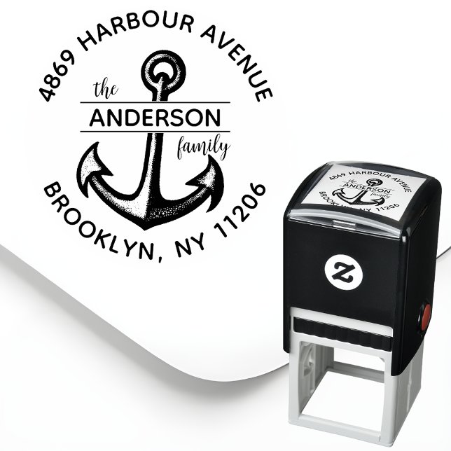 Carimbo Auto Entintado Endereço de devolução da família Anchor personaliz (Add a Nautical Flair to Your Beach or Lake House Mail with a Custom Round Return Address Stamp! ⚓🏖️)