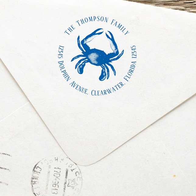 Carimbo Auto Entintado Endereço de devolução da família de caranguejo azu (Blue crab nautical return address stamp. )