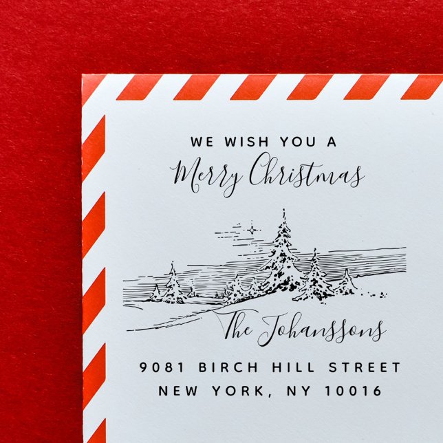 Carimbo Auto Entintado Endereço de devolução da família de natal do Winte (Winter Landscape Christmas Family Return Address Self-inking Stamp)