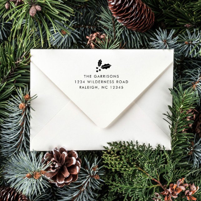 Carimbo Auto Entintado Endereço de devolução de cartão de Natal simples v (A simple Christmas card return address self inking stamp with black ink and holly icon.)