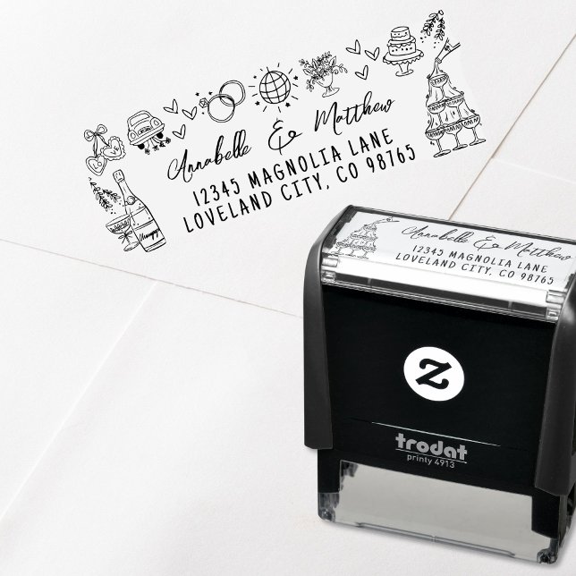 Carimbo Auto Entintado Endereço de Devolução de Casamento Desenhado à Mão (Hand Drawn Whimsical Wedding Return Address self-inking stamp)