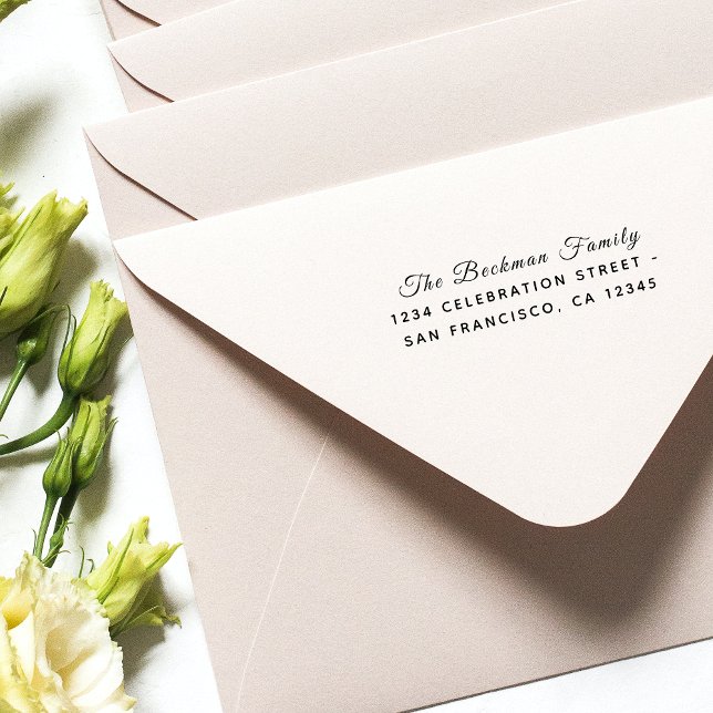 Carimbo Auto Entintado Endereço de Devolução de Feriado de Feriado de Scr (Classic Script Font Holiday Party Return Address Self-inking Stamp)