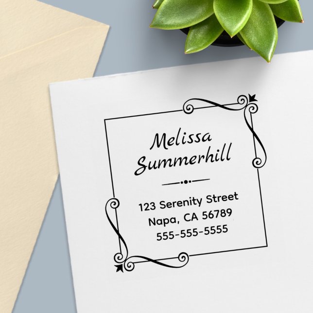 Carimbo Auto Entintado Endereço de Quadro Quadrado do Corner Swirls (Criador carregado)