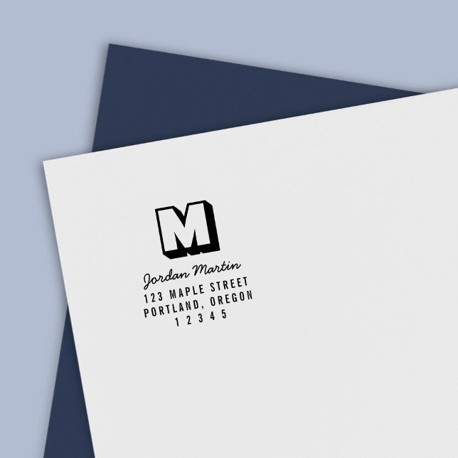 Carimbo Auto Entintado Endereço de Remetente com Monograma Blocky e Nome  (Criador carregado)